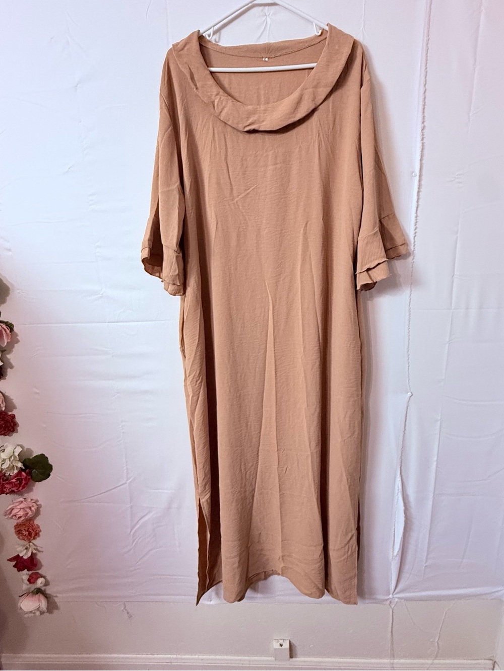 Women's Midi Dress with Draped Collar in Camel